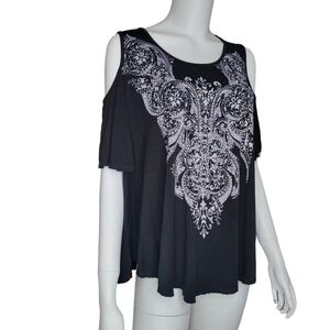 Vocal rhinestone bedazzled cold shoulder blouse black grey flowy size medium